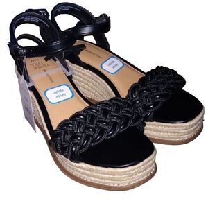 Time and Tru women's 7.5 wide 7.5W black braided mid-heel wedge sandals